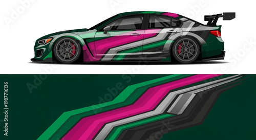 Vibrant race car with bold magenta and teal stripes, sleek side profile on a white background, dynamic automotive art.