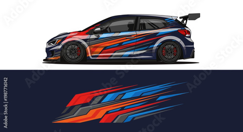 Side profile of a vivid blue and orange racecar with racing livery and bold aerodynamic design.