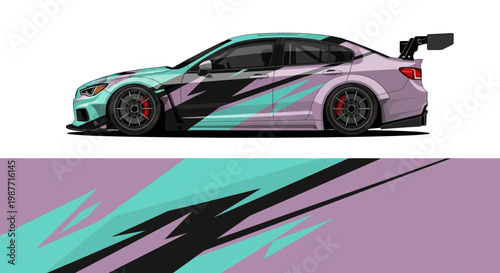 Vibrant customized sports car with bold graffiti graphics and teal accents.
