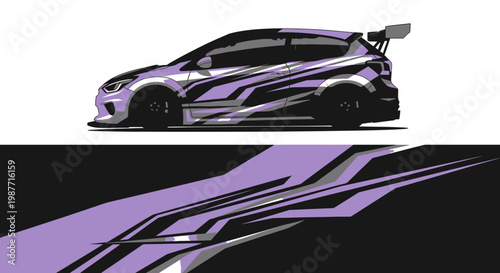 Stylized purple sports car illustration featuring dynamic lines and a racing silhouette.