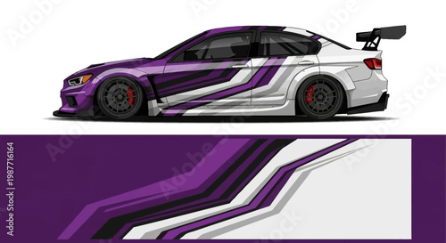 Dynamic purple white race car with sleek livery and sharp stripes on track.