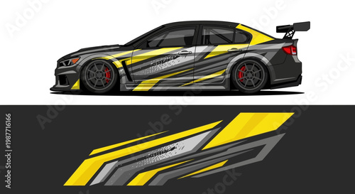 Side view and closeup graphic design of a yellow and black sports car with dynamic racing livery.