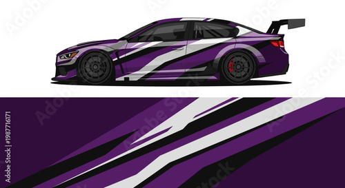 Vibrant purple race car with dynamic graphic stripes and sleek design.