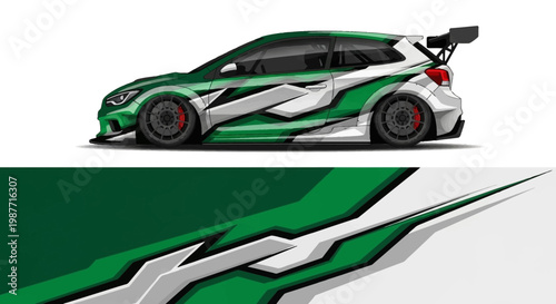 Sleek green and white racecar with aerodynamic design and vibrant graphics on a race track.