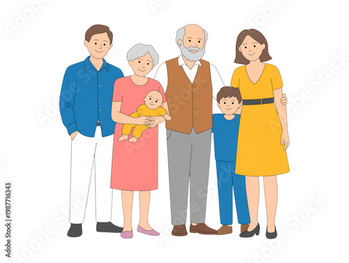 Happy multi generational family with grandparents, parents, children and baby standing together, flat vector illustration