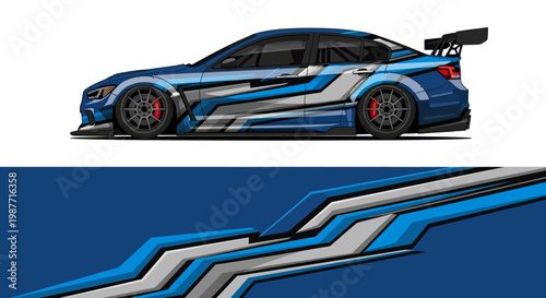 Sleek blue race car with bold graphics and dynamic stripes in motion on a racing backdrop.