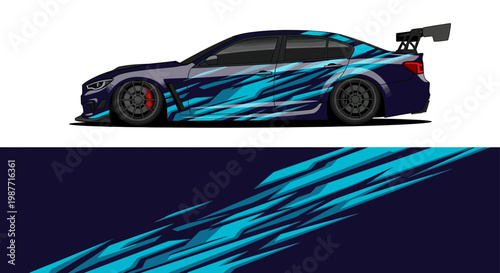 Side view of a blue flame-decorated race car on a dark background.