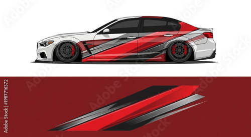 Sleek red and white concept sports car design with dynamic graphics and aerodynamic profile.
