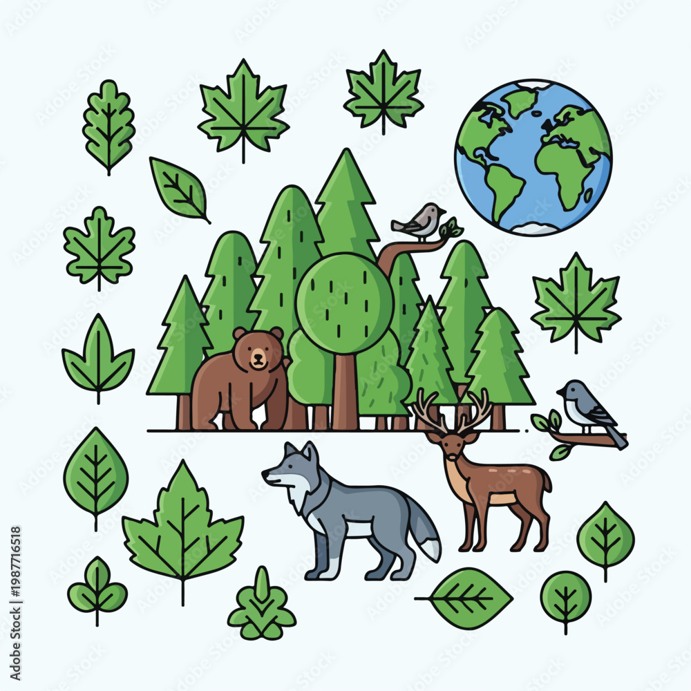 Fototapeta premium Nature Conservation Vector Set with Forest Animals Leaves and Environmental Elements Flat Design