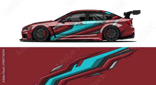 Red and blue racecar with teal stripes speeding on a race track.