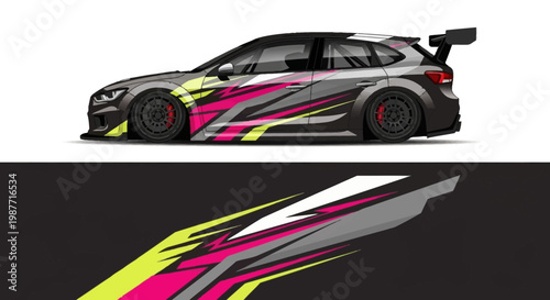 Colorful Race Car with Dynamic Graphics and Stripes.