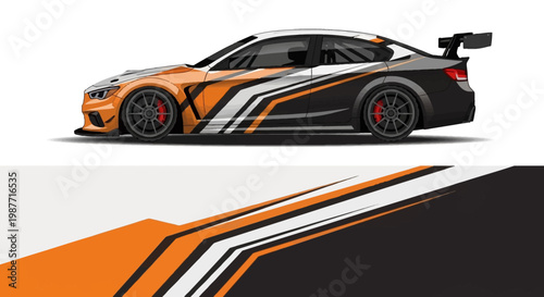 Side view of a vibrant orange black and white race car with dynamic graphic stripes and aerodynamic design.