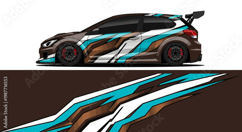 Stylized teal and blue racecar illustration with bold stripes and aerodynamic design on dark background.
