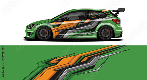 Vibrant lime green race car with bold orange and silver livery, on a green track.