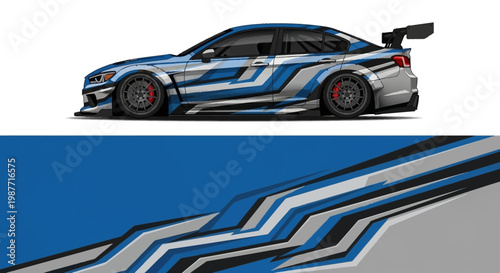 Blue and White Race Car with Dynamic Striped Graphic Design.