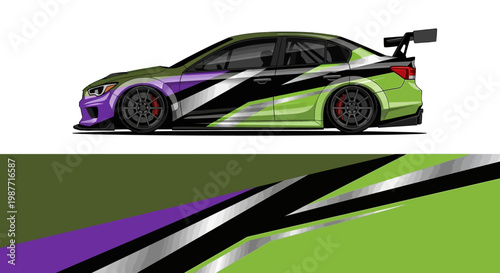 Stylized sports car with purple and green racing livery on a track surface.