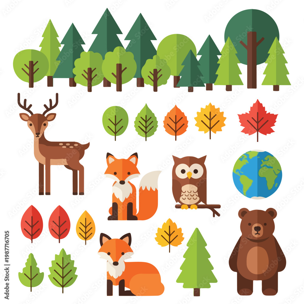 Fototapeta premium Nature Conservation Vector Set with Forest Animals Leaves and Environmental Elements Flat Design