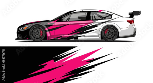 Side view of a bold pink racing car with dynamic graphic stripes.