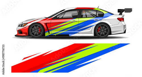 Colorful race car with bold stripes and aerodynamic design on track.
