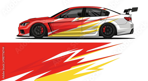 Side view of a sleek red and yellow race car with bold flame graphics and aerodynamic styling, emphasizing speed and performance.