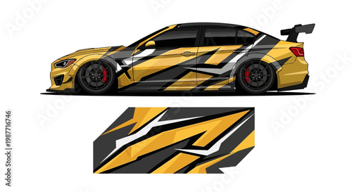 Sporty yellow and black racing car with bold graphic wrap design.