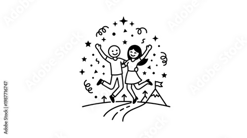 Happy Couple Jumping with Joy Stars and Confetti
