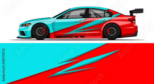 Sleek colorful race car design featuring blue and red graphics and aerodynamic lines.