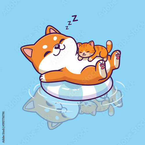 Cute shiba inu and Kitten Sleeping on Inflatable Ring Vector Illustration