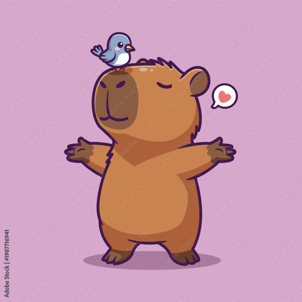 Obraz premium Cute Capybara with Bird and Heart Vector Illustration