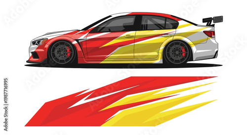 Racing car with bold red and yellow flame livery and aerodynamic design.