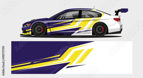 Racing car side profile featuring bold blue and yellow livery with spoiler.