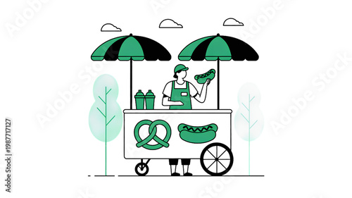 Ice cream cart with umbrellas serving customers under sunny weather Vector