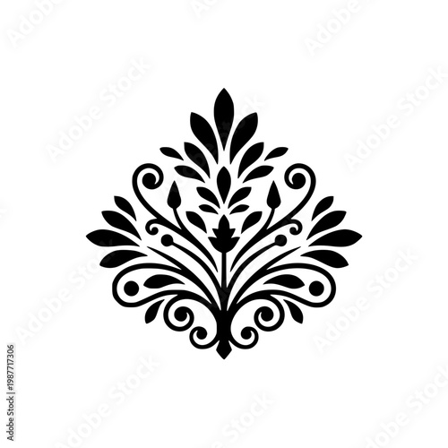 Vintage damask floral ornament decorative element black silhouette vector.