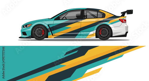 Colorful race car with teal and yellow graphic livery and bold stripes.