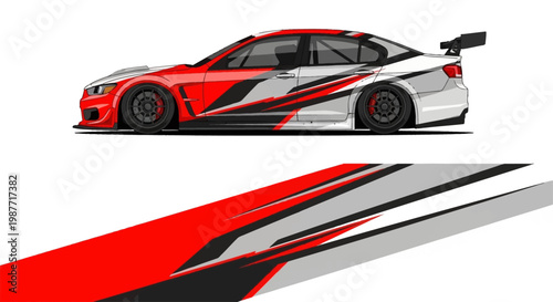 High speed red and white race car with dynamic graphic stripes.
