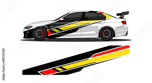 High-contrast racecar with bold black, red, and yellow livery and aerodynamic decals.