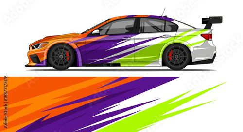 Colorful racing car with bold orange purple green graphic livery and dynamic paint.
