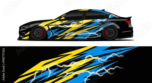 High-velocity sports car with blue and yellow lightning graphics.