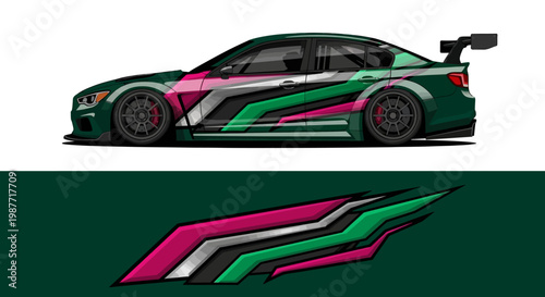 Side profile of a colorful race car with bold graphics and accents.