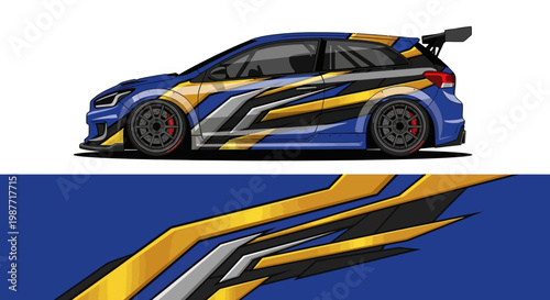 Blue and Yellow Racecar with Sleek Graphic Livery on Track.