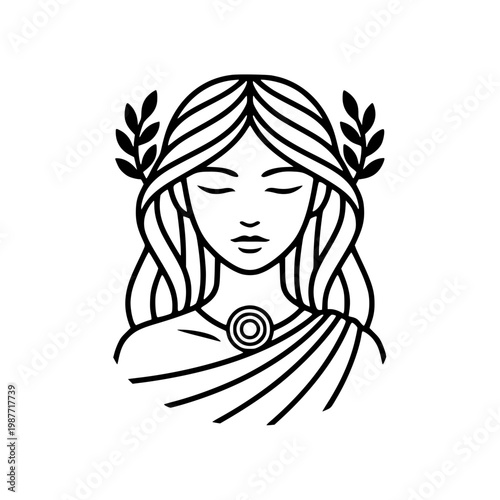 Beautiful woman goddess vector with laurel wreath minimalist black line art style