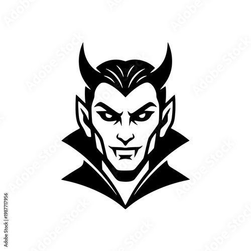 Vampire dracula head mascot vector with horns in black line style