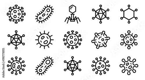 Extensive vector graphic illustration set displaying diverse types of viruses, bacteria, and microscopic pathogens, ideal for scientific, medical, and educational designs.