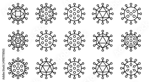 Collection of diverse vector line art virus icons representing various microscopic pathogens and biological organisms for medical designs.