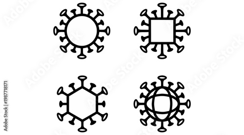 Four distinct geometric vector graphic icons representing stylized viral particles designed with simple black lines on a white background surface