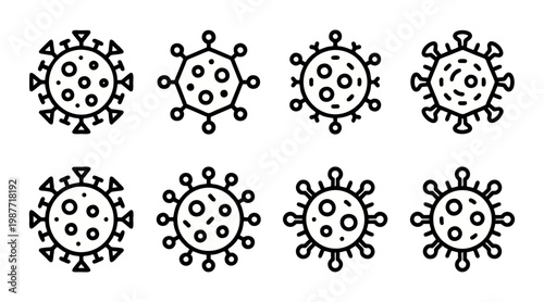 Set of eight black and white vector icons representing various designs of viral particles for medical and science laboratory research