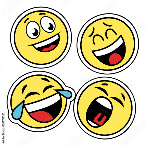 Four diverse laughing emoticons set cartoon.