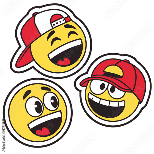 Cartoon faces with hats smiling and laughing.