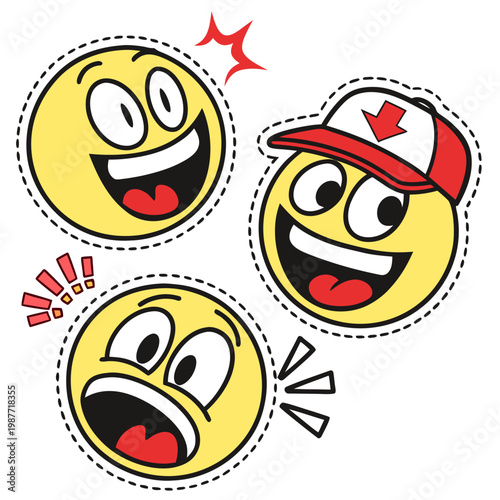 Smiling excited and shocked emoji set collection.