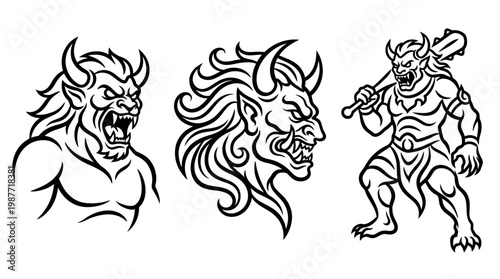 Set of Evil Demon Characters in Black and White